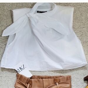 Zara White Cotton Crop Blouse with Neck Tie/ Bow SZ XS